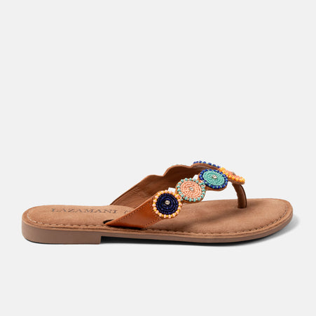 Luna Dames Slippers Leer Tan/Multi Luna Dames Slippers Leer Tan/Multi