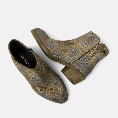 Sara Dames Enkellaarsjes Suede Khaki/Leo