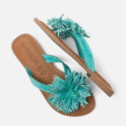 Roza Dames Teenslippers Leer Turquoise