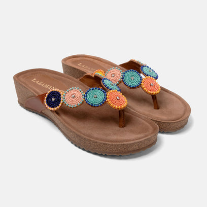 Mara Dames Slippers Leer Tan/Multi