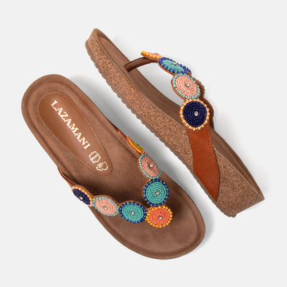 Mara Dames Slippers Leer Tan/Multi